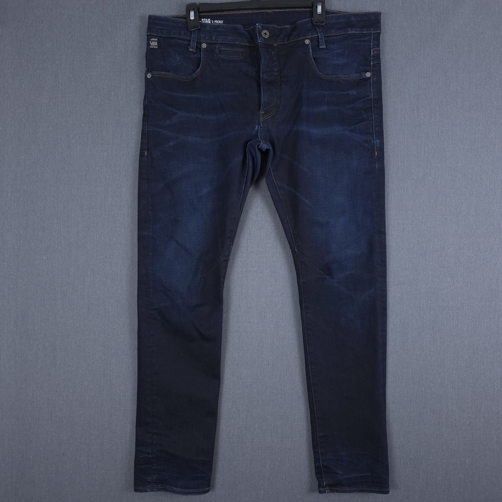 G-Star Raw D-Staq Jeans Mens 38x32 (Fits 39x31) Dark Wash Slim Fit Button Fly